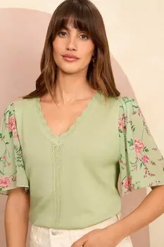 Топ из комбинированной ткани с рукавами крылышками и V образным вырезом Love & Roses, зеленый