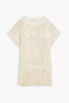 Топ из льна и смесового шелка, украшенный бахромой и пайетками. BRUNELLO CUCINELLI, слоновая кость