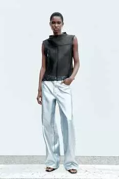 Топ из органзы с высоким воротом ZARA, черный