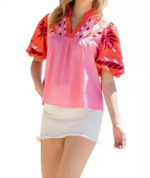 Топ из поплина Anna Tropical с вышивкой розового цвета THML