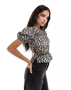 Топ из поплина с присборенными рукавами и леопардовым принтом ASOS DESIGN