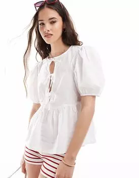 Топ из поплина с завязками спереди и рукавами-фонариками белого цвета Pieces