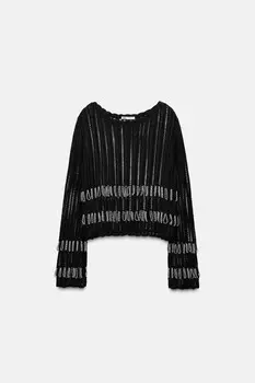 Топ из сетчатого джерси с бисером ZARA, черный/серебристый