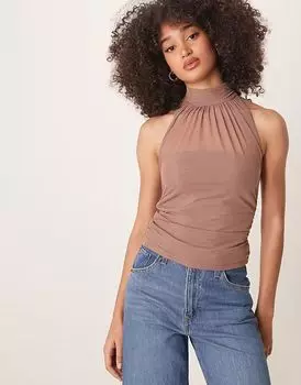 Топ из сетчатой ткани Abercrombie & Fitch с рюшами и американской проймой в серо-коричневом цвете