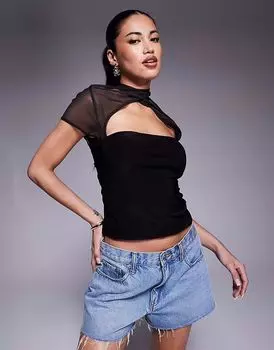 Топ из сетчатой ткани ASOS DESIGN с короткими рукавами, перекрестным воротником и круглыми пуговицами черного цвета