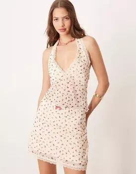 Топ из сетчатой ткани ASOS DESIGN с глубоким вырезом на шее, кружевной отделкой и мелким цветочным принтом