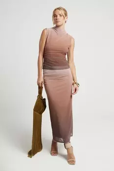 Топ из сетчатой ткани с рюшами и эффектом омбре River Island, коричневый