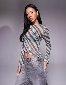 Топ из сетки ASOS DESIGN с асимметричным подолом в коричневую полоску