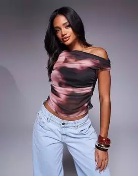 Топ из сетки ASOS DESIGN с короткими рукавами и открытыми плечами, с абстрактным принтом