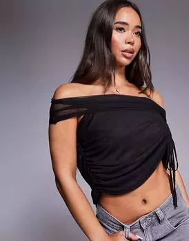 Топ из сетки ASOS DESIGN с рюшами и завязками, черный