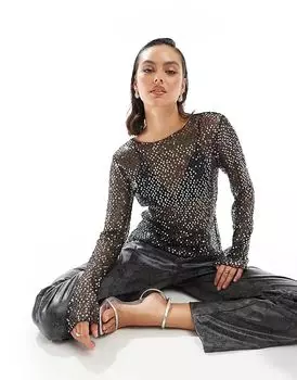 Топ из сетки с длинными рукавами и отделкой из пайеток черного цвета Pieces