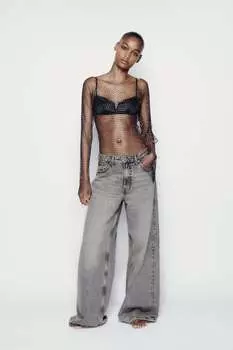 Топ из сетки со стразами ZARA, черный