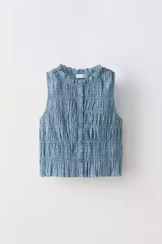 Топ из сетки в точечный узор с эластичными деталями ZARA, средне-синий