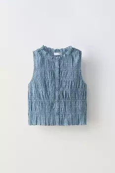 Топ из сетки в точечный узор с эластичными деталями ZARA, средне-синий