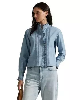 Топ из шамбре с рюшами Ralph Lauren, синий