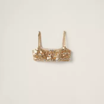 Топ из шелка и шерсти с вышивкой Miu Miu, бежевый