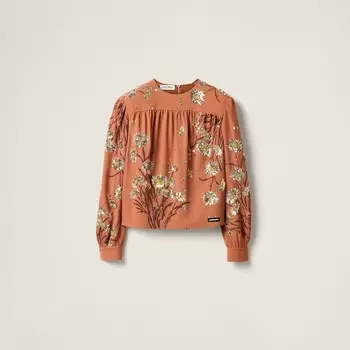 Топ из шелка с пескоструйной обработкой и вышивкой Miu Miu, коричневый