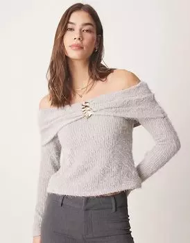 Топ из шенилла с открытыми плечами и золотой отделкой серого цвета ASOS DESIGN