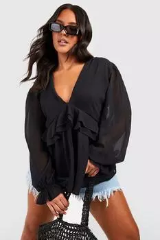 Топ из шифона с рюшами Boohoo, черный