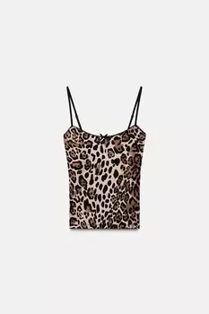 Топ из смешанного полиамида с бантом ZARA, цвет leopard