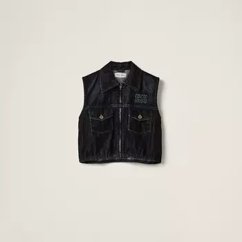 Топ из стираного флокированного шамбре Miu Miu, черный