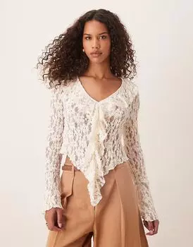 Топ из текстурированного кружева с завязками спереди и оборками ASOS DESIGN кремового цвета