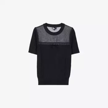 Топ из ткани и сетки с ажурными вставками и короткими рукавами The Kooples, черный