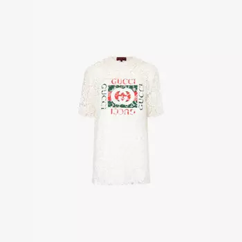 Топ из тканой смеси с цветочной вышивкой и фирменным принтом Gucci, белый