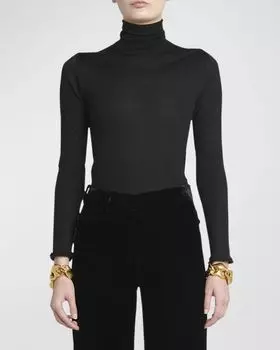 Топ из тонкого кашемира и шелка с высоким воротником и длинными рукавами TOM FORD, цвет Black