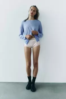 Топ из тонкой трикотажной платья с отделкой стразами ZARA, светло-голубой