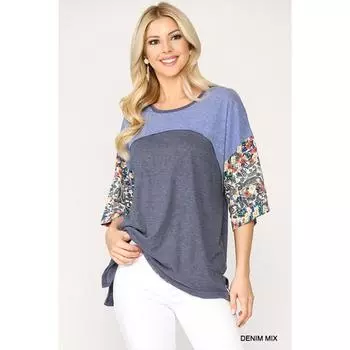 Топ из трикотажа Colorblock с цветочным принтом и рукавом «летучая мышь» FASHNZFAB, цвет denim mix