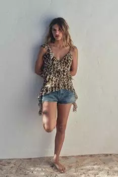 Топ из тюля с принтом и оборками ZARA, цвет Leopard