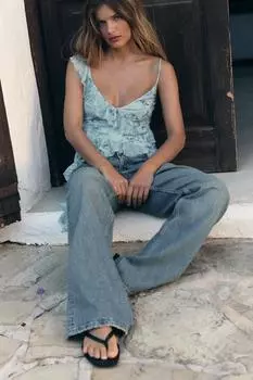 Топ из тюля с принтом и оборками ZARA, цвет Blues