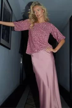 Топ из велюра с пайетками и приспущенным плечом Threadbare, розовый