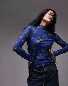 Топ из жатой сетки с длинными рукавами и цветочным принтом синего цвета Topshop
