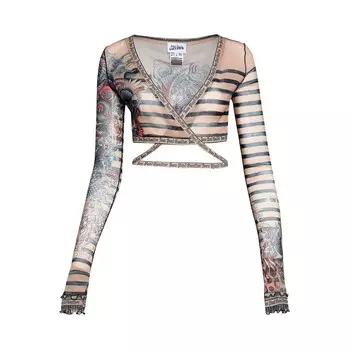 Топ Jean Paul Gaultier Mariniere Tattoo V-Neck Long-Sleeve Top Nude/Blue/Red, желто-коричневый