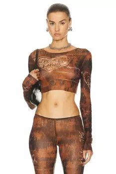 Топ Jean Paul Gaultier X KNWLS Boat Neck Long Sleeve Scratch Wood Cropped, цвет Brown & Ecru