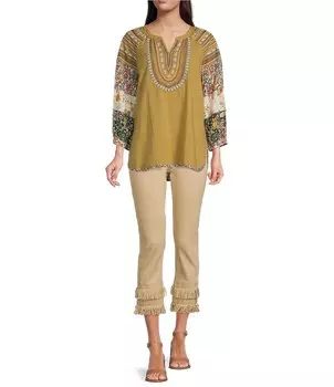 Топ John Mark с рукавами 3/4 и V-образным вырезом с вышивкой и высоким-низким вырезом, мультиколор