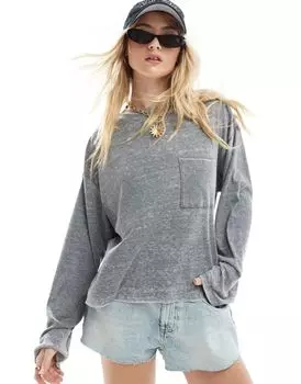 Топ кислотно-серого цвета в рубчик с длинными рукавами ASOS DESIGN
