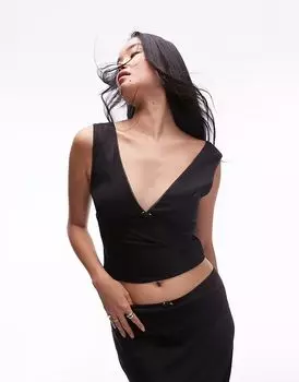 Топ-комбинезон из атласа с глубоким вырезом Nia Celia Rosette черного цвета