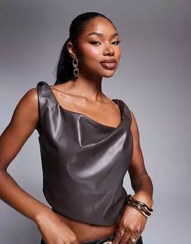 Топ-комбинезон из искусственной кожи шоколадного цвета ASOS DESIGN