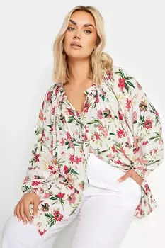 Топ крючком с тропическим принтом и завязкой спереди Yours Curve, белый