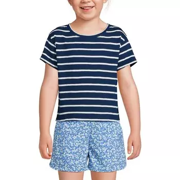 Топ Lands' End с короткими рукавами и круглым вырезом для девочек от 2 до 18 лет, цвет Navy Breton Stripe
