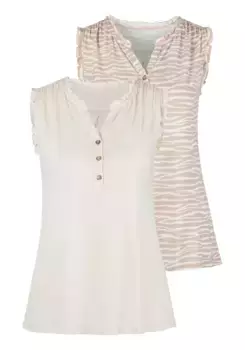 Топ LASCANA с рюшами (2 шт. в упаковке), с рюшами и пуговицами в виде рога, бежевый