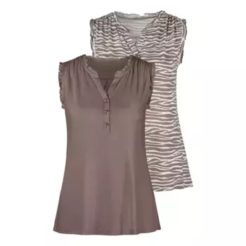 Топ LASCANA с рюшами (2 шт. в упаковке), с рюшами и пуговицами в виде рога, цвет Taupe-Bedruckt, Taupe-Uni