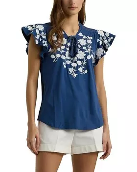 Топ LAUREN Ralph Lauren Floral-Embroidered Jersey Tie-Neck, цвет Indigo Dusk/White