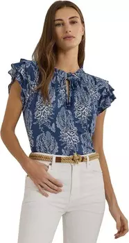 Топ LAUREN Ralph Lauren Floral Linen-Blend Jersey Tie-Neck Top, цвет Blue/Cream