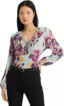 Топ LAUREN Ralph Lauren Floral Ruffle-Trim Jersey Tie-Neck Top, цвет Light Green Multi