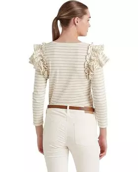 Топ LAUREN Ralph Lauren Metallic Striped Ruffle-Trim Knit Top, цвет Mascarpone Cream/Gold