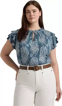 Топ Lauren Ralph Lauren Plus-Size Floral Linen-Blend Jersey Tie-Neck Top, цвет Blue/Cream